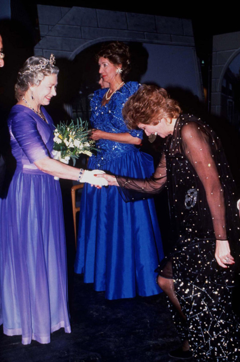 <p>We love this snapshot of the Queen meeting the late Cilla Black wearing a purple tulle gown.<br><i>[Photo: Rex]</i> </p>