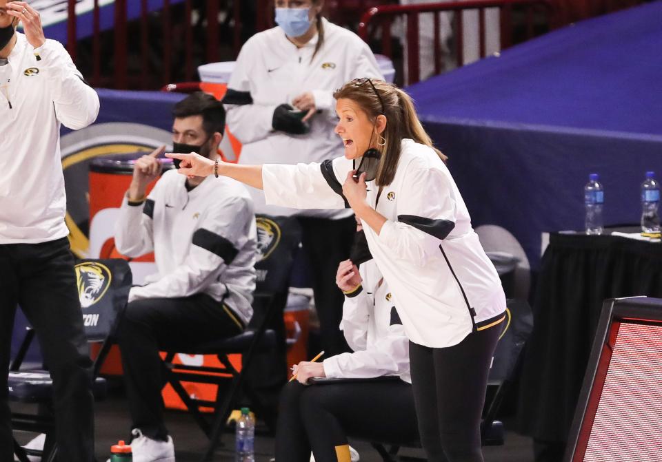 Missouri head coach Robin Pingeton reacts during a game Thursday night at Bon Secours Wellness Arena in Greenville, S.C.