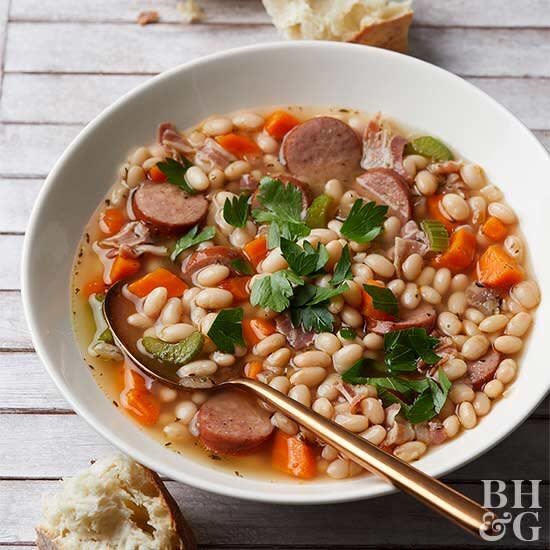 This yummy cassoulet goes from dried beans to delicious dinner in just under an hour. It's packed with navy beans, kielbasa, and pancetta, so you definitely won't go to bed hungry.