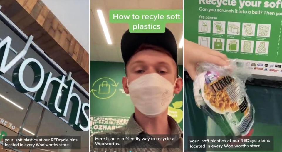 3 stills from TikTok video showing Woolworths logo.