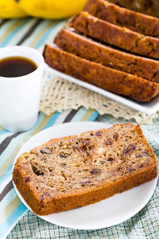<p>Filled with mini chocolate chips and walnuts, this foolproof recipe is perfectly moist, sweet, and delicious.</p><p><strong>Get the recipe: <a href="https://cupcakesandkalechips.com/gluten-free-banana-bread/" rel="nofollow noopener" target="_blank" data-ylk="slk:Gluten-Free Banana Bread;elm:context_link;itc:0;sec:content-canvas" class="link ">Gluten-Free Banana Bread</a></strong></p>