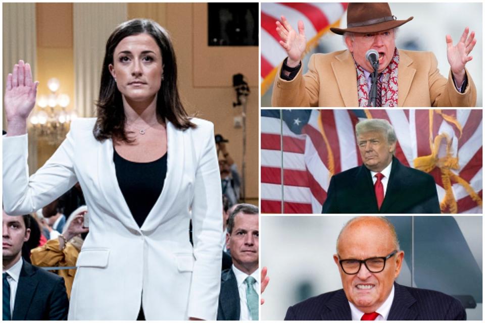 Cassidy Hutchinson (left) John Eastman (top right), Donald Trump (center right), Rudy Giuliani (bottom right) (Reuters / STEFANI REYNOLDS/AFP via Getty Image / BRENDAN SMIALOWSKI/AFP via Getty Images)