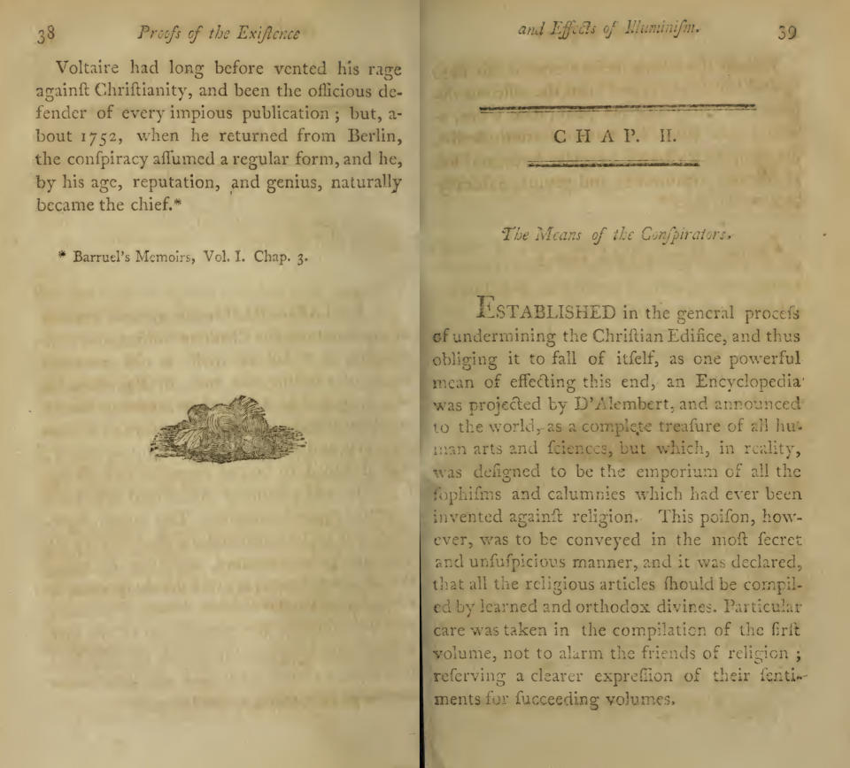 This image provided by the Library of Congress shows pages from the book "Proofs of the Existence and Effects of Illuminism" by Seth Payson published in Massachussetts in 1802. In America's early days, the villain was the Illuminati. Created in 1776, the group was part of a fad of supposedly secret societies that became fashionable in Europe. It was defunct by 1800 and had no ties to the U.S. Still, claims spread that Illuminati agents were working undercover to take over the federal government, outlaw Christianity and promote sexual promiscuity and devil worship among the young. (Library of Congress via AP)