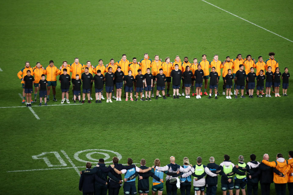 Wallabies players, pictured here before the Bledisloe Cup match at Eden Park.