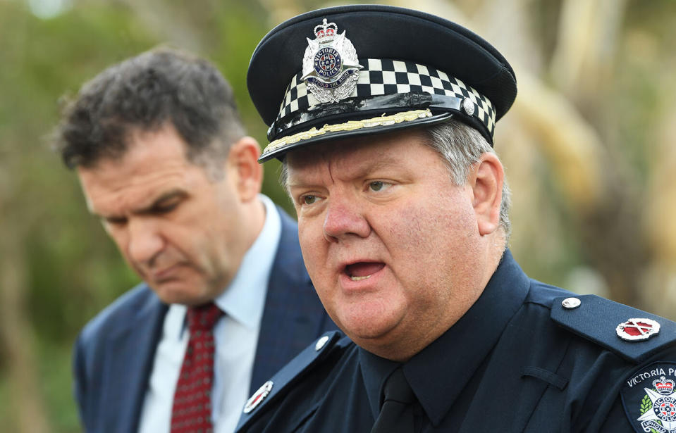 Victoria Police assistant commissioner Luke Cornelius addresses the media at Royal Park, Parkville, after woman's body was discovered Saturday morning.