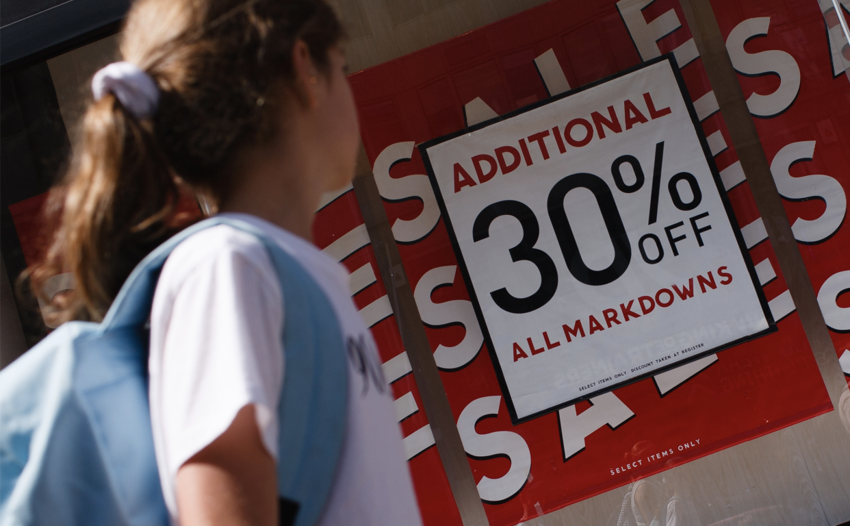 Shoppers walk past a sales sign in the window of fast fashion retailer Forever 21 on Oxford Street in London, England, on July 12, 2019. (Photo by David Cliff/NurPhoto via Getty Images) 