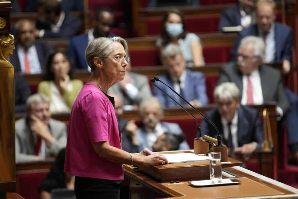 French Prime Minister Elisabeth Borne delivers a speech at the National Assembly, in Paris, France, Wednesday, July 6, 2022. Borne lay out her main priorities at parliament after the government lost its straight majority in the National Assembly in elections last month. (AP Photo/Christophe Ena)