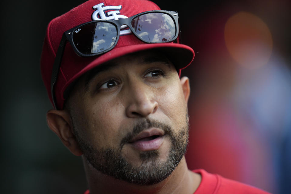 St. Louis Cardinals manager Oliver Marmol leaves the dugout after he was ejected from the game by umpire Cory Blaser in the sixth inning of a baseball game against the Chicago Cubs, Saturday, July 22, 2023, in Chicago. (AP Photo/Erin Hooley)