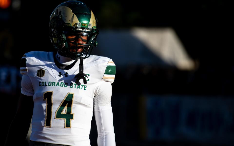 CSU football's senior wide receiver Tory Horton looks on into the setting sun before the Border War against Wyoming at War Memorial Stadium in 2023 in Laramie, Wyo.