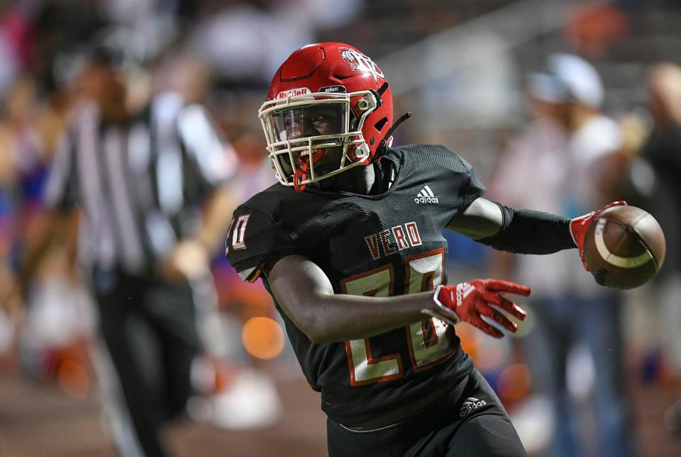 Vero Beach High School's Elijah Anderson scrambles to the end zone to score on a fumble recovery from Palm Beach Gardens in the 4th quarter at Billy Livings Field in the Citrus Bowl on Friday, Sept. 2, 2022 in Vero Beach. Vero won 34-0.