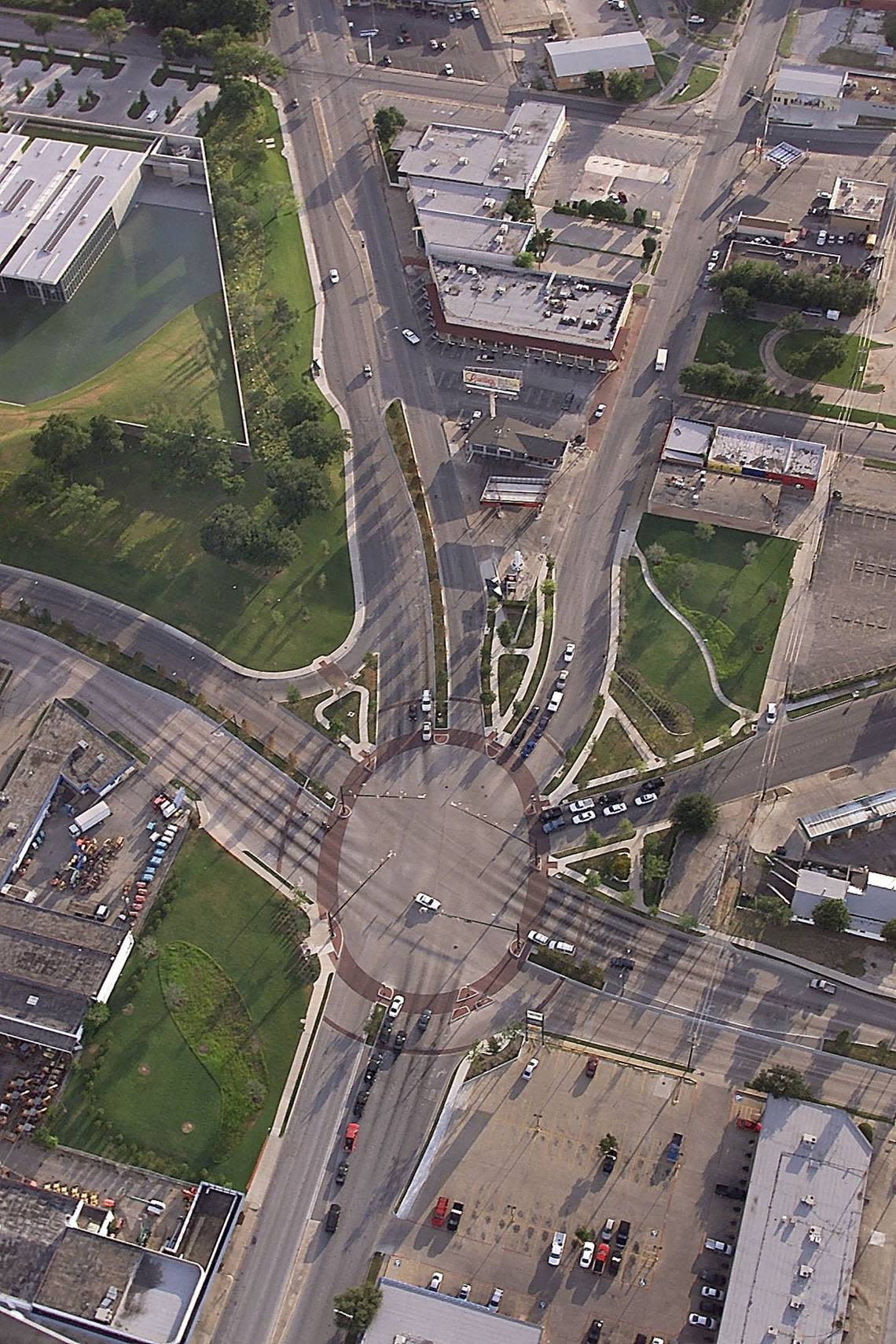 July 7, 2003: An aerial view of the intersection of University Drive, West Seventh Street, Camp Bowie Boulevard and Bailey Avenue in Fort Worth.