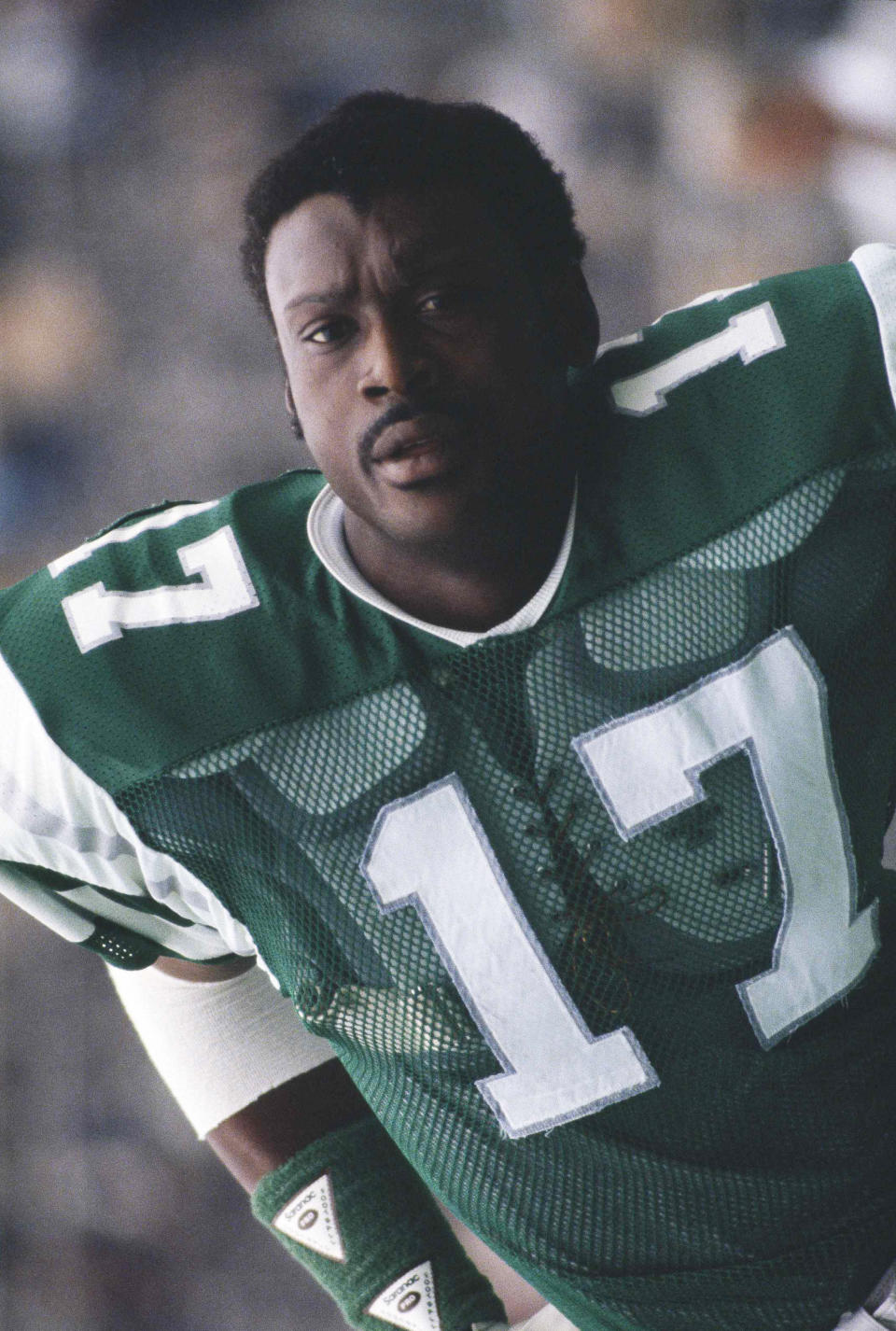 FILE - In this Dec. 14, 1980, file photo, Philadelphia Eagles' Harold Carmichael stands during the team's NFL football game against the St. Louis Cardinals in Philadelphia. Next month, Carmichael will use those longs arms to put on his gold jacket in Canton. “To be inducted, to get that gold jacket, and get that bust and get that ring is very exciting for me,” he said. (AP Photo/Clem Murray, File)