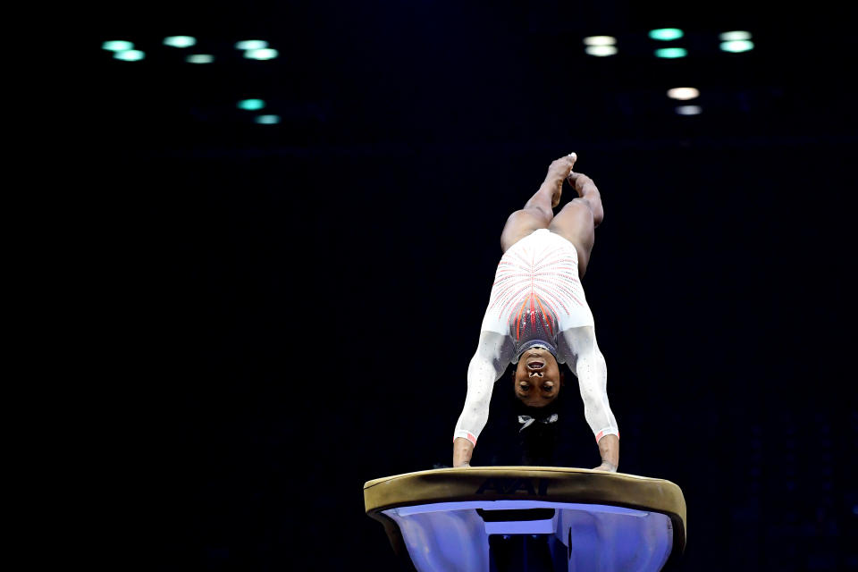 Simone Biles lands the Yurchenko double pike while competing on the vault during the 2021 GK U.S. Classic gymnastics competition at the Indiana Convention Center. (Photo by Emilee Chinn/Getty Images)