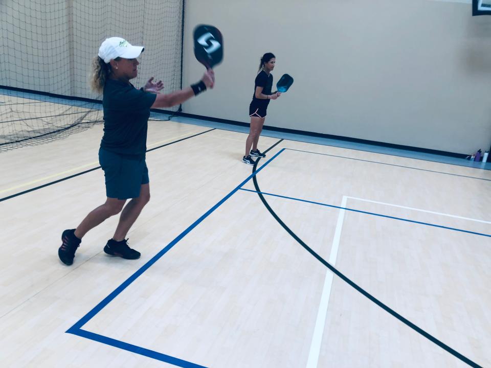 Pickleball players compete in a round robin tournament in Palm Desert on June 5, 2022.