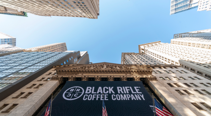 The facade of the New York Stock Exchange is decorated for the listing via a SPAC of Black Rifle Coffee Company (BRCC)