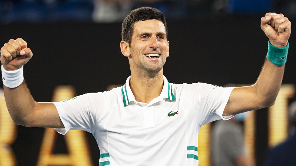 Novak Djokovic celebrates after beating Daniil Medvedev in the men's singles final of the 2021 Australian Open. (Photo by TPN/Getty Images)