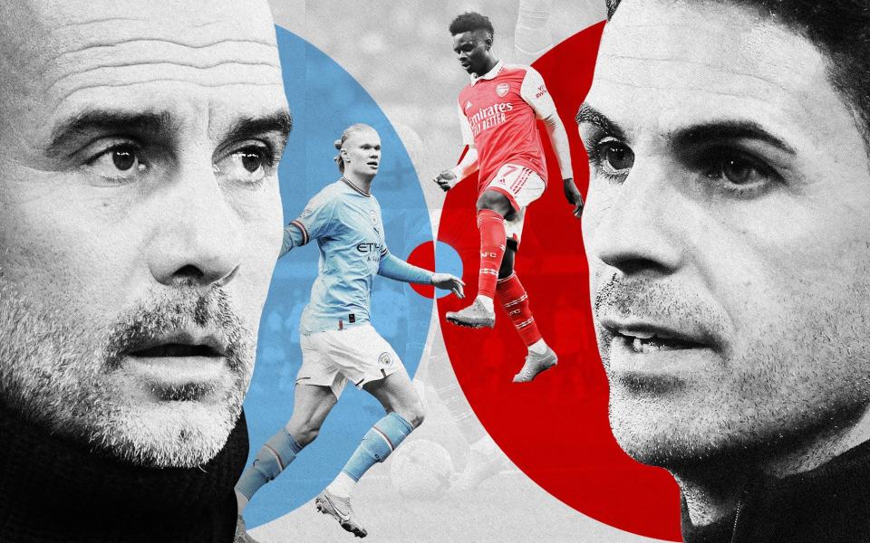 Pep Guardiola (left to right), Erling Haaland, Bukayo Saka and Mikel Arteta - Title race predictions: A five-point lead with a game in hand – will Arsenal win the Premier League?