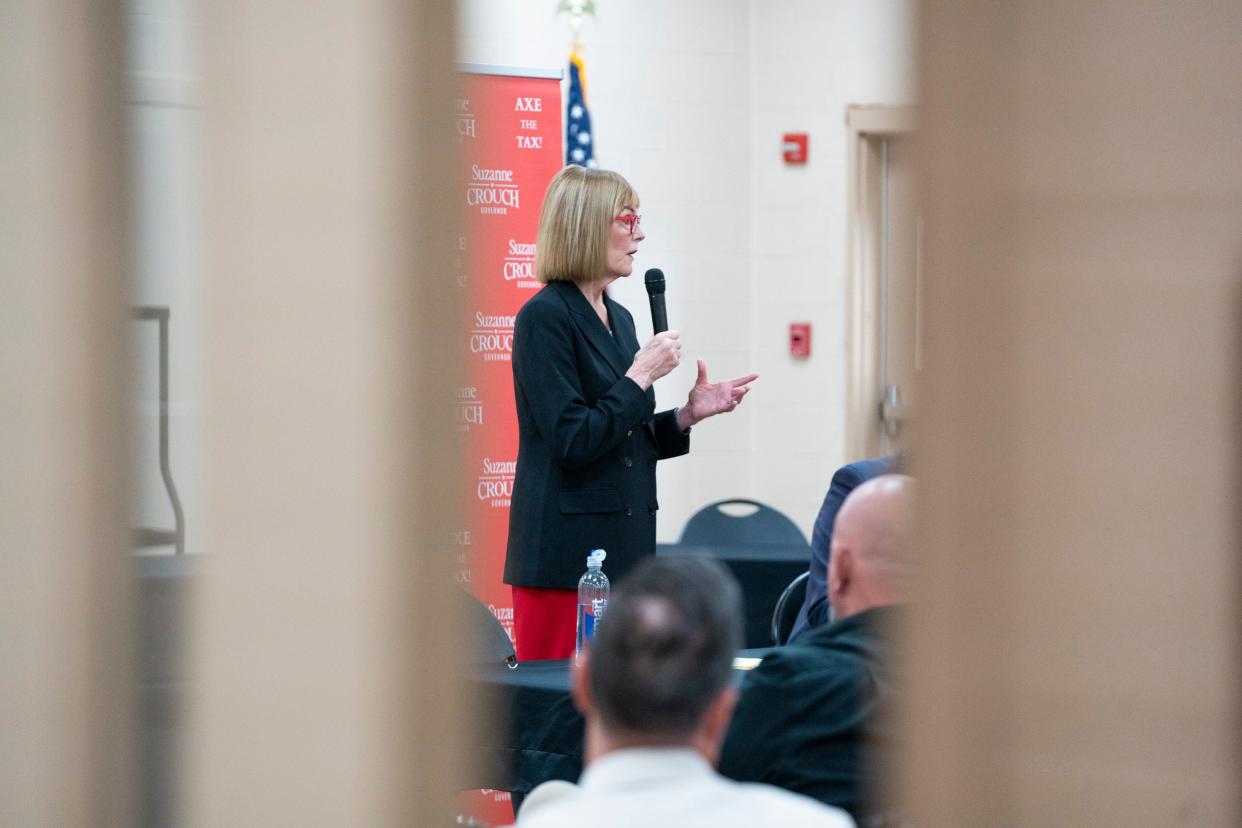 Lt. Gov. Suzanne Crouch, an Indiana Republican gubernatorial candidate, speaks with constituents, Thursday, April 4, 2024, during a listening session about the LEAP District at the Witham Pavilion at the Boone County Fairgrounds in Lebanon, Indiana.