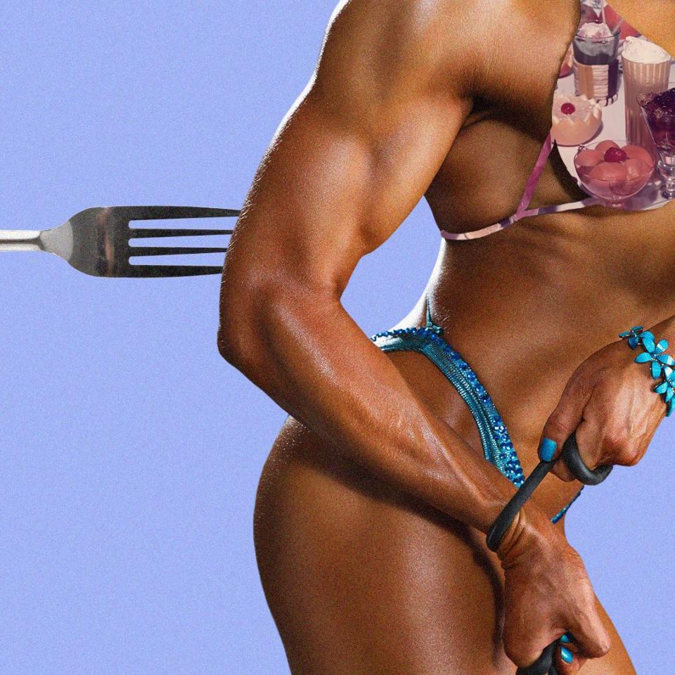 a woman with a muscular build being poked by a fork