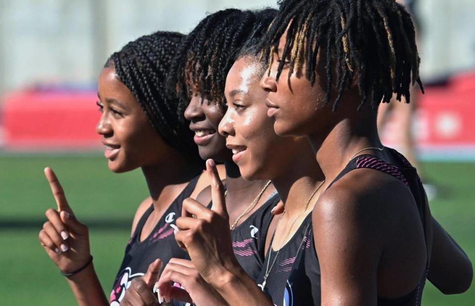 Central High poses for a photo after placing first in the 400 relay at the CIF Central Section Masters track and field meet, held at Veterans Memorial Stadium on Saturday, May 20, 2023 in Clovis.