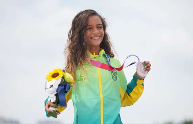 Rayssa Leal of Brazil at Monday's awards ceremony at the Tokyo Olympics. The 13-year-old earned a silver medal in the women's street skateboarding event. (Photo: Xinhua News Agency via Getty Images)