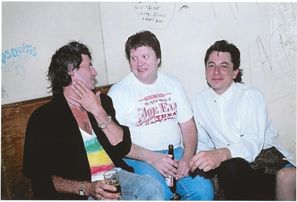 Keith Richards of the Rolling Stones, left, pictured with Bobby Keys and Joe Ely in 1987.