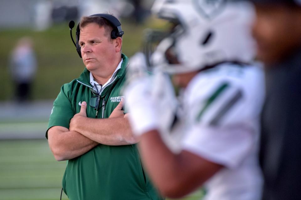 Richwoods head coach Jim Ulrich watches the action as the Knights battle the Manual Rams in the first half of their Week 2 football game Friday, Sept. 6, 2024 at Peoria Stadium. The Knights defeated the Rams 15-6.