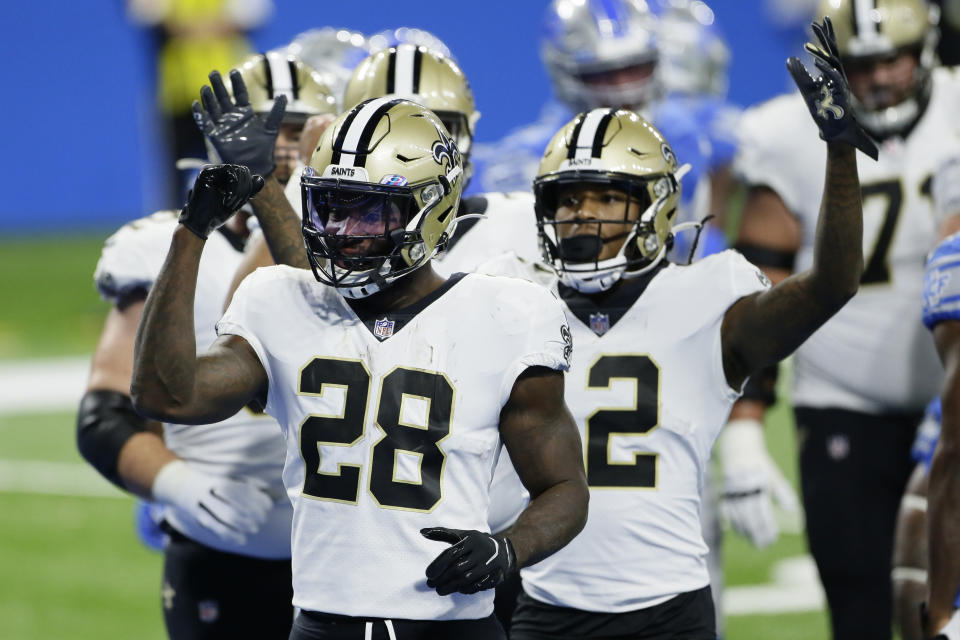 New Orleans Saints running back Latavius Murray (28) reacts after his 3-yard rush for a touchdown during the first half of an NFL football game against the Detroit Lions, Sunday, Oct. 4, 2020, in Detroit. (AP Photo/Duane Burleson)