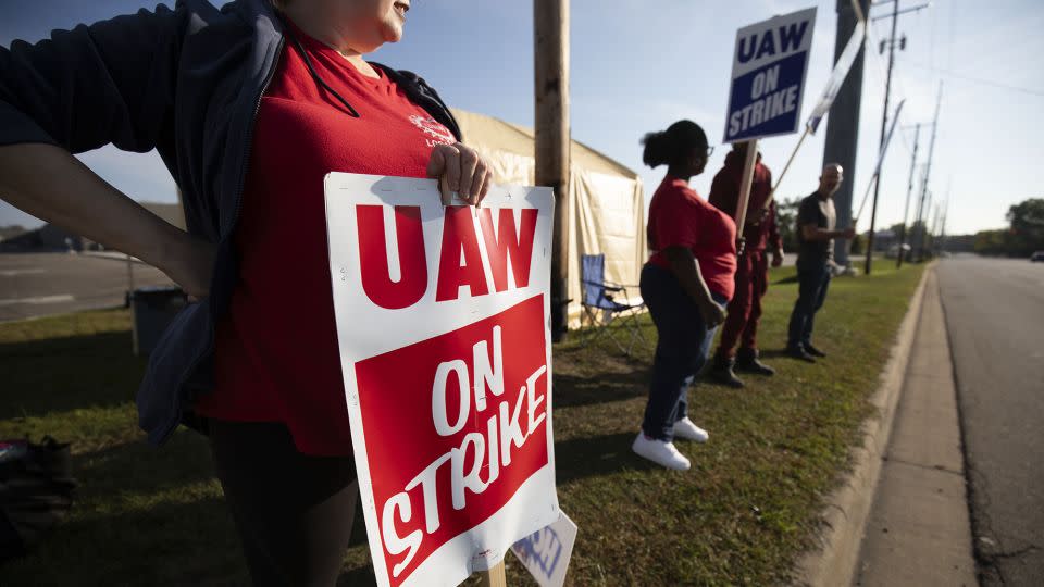 United Auto Workers union members strike outside the General Motors Lansing Redistribution facility last year in Lansing, Michigan. - Bill Pugliano/Getty Images North America/Getty Images