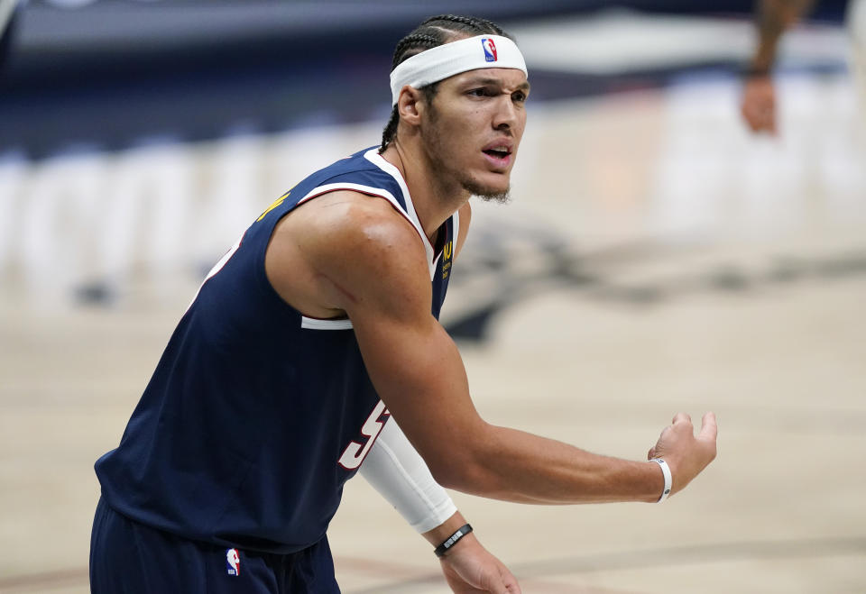Denver Nuggets forward Aaron Gordon argues for a call in the second half of an NBA basketball game against the San Antonio Spurs, Friday, April 9, 2021, in Denver. (AP Photo/David Zalubowski)
