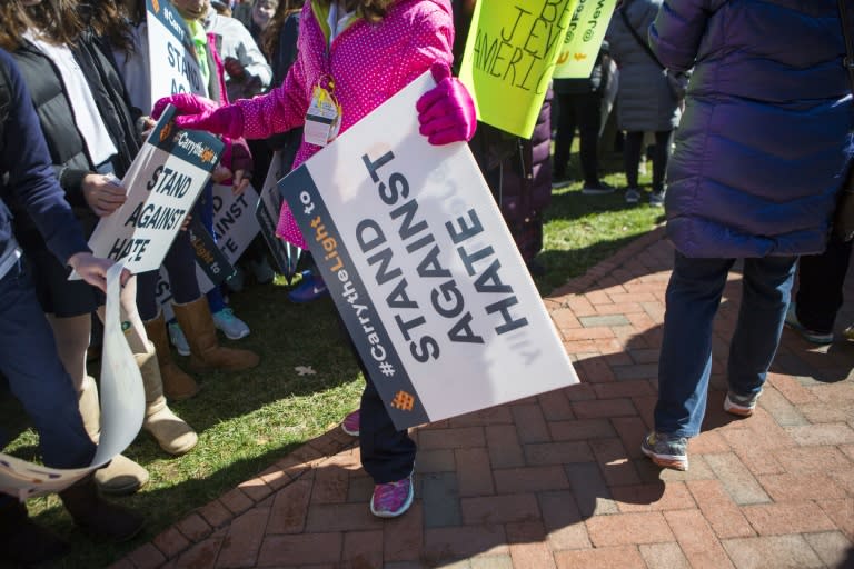 People demonstrate at a Stand Against Hate rally in Philadelphia, Pennsylvania, on March 2, 2017