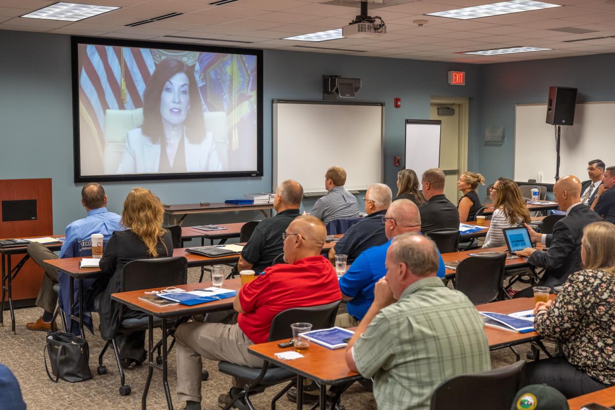New York Governor Kathy Hochul delivers remarks via Zoom at Dept. of Homeland Security Emergency Services (DHSES) Threat Assessment Management Training Summit being held at the NYS Preparedness Training Center in Oriskany, New York, on Tuesday, Aug. 9, 2022. 