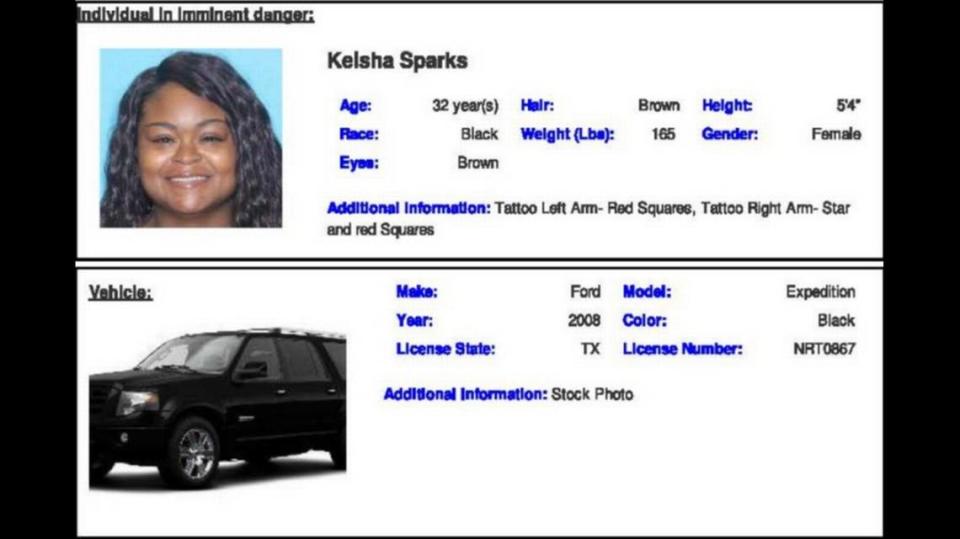 Kelsha Sparks, 32, was last seen in Hurst, Texas on Tuesday.