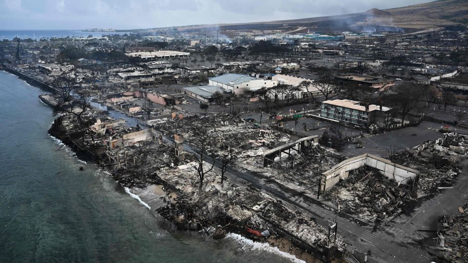 An aerial image taken Thursday shows destroyed homes and buildings on the waterfront in Lahaina. - Patrick T. Fallon/AFP/Getty Images