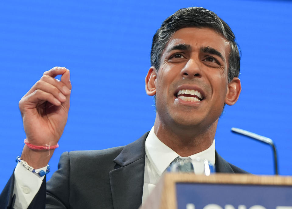 MANCHESTER, UNITED KINGDOM - OCTOBER 04: British Prime Minister Rishi Sunak delivers a speech on the final day of the Conservative Party Conference in Manchester, United Kingdom on October 04, 2023. (Photo by Ioannis Alexopoulos/Anadolu Agency via Getty Images)