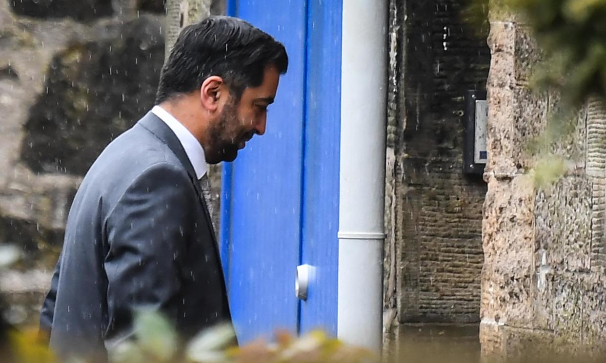 <span>Humza Yousaf arrives at Bute House in Edinburgh before his press conference.</span><span>Photograph: Andy Buchanan/AFP/Getty Images</span>