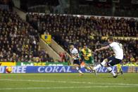 Football Soccer - Norwich City v Tottenham Hotspur - Barclays Premier League - Carrow Road - 2/2/16 Tottenham's Harry Kane scores their second goal Action Images via Reuters / Paul Childs Livepic EDITORIAL USE ONLY. No use with unauthorized audio, video, data, fixture lists, club/league logos or "live" services. Online in-match use limited to 45 images, no video emulation. No use in betting, games or single club/league/player publications. Please contact your account representative for further details.