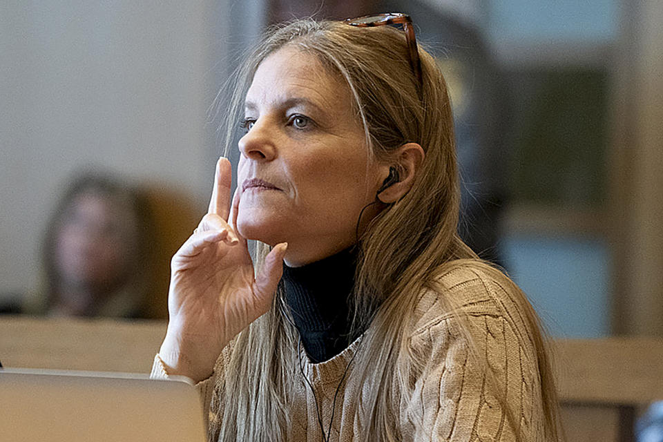 Michelle Troconis listens to arguments at the start of her trial, Thursday, Jan. 11, 2024, in Stamford, Conn. The trial of Troconis, charged in the 2019 killing of mother-of-five Jennifer Dulos, has begun in Stamford Superior Court with a six-person jury hearing the case.(Richard Harbus/Dailly Mail via AP, Pool)