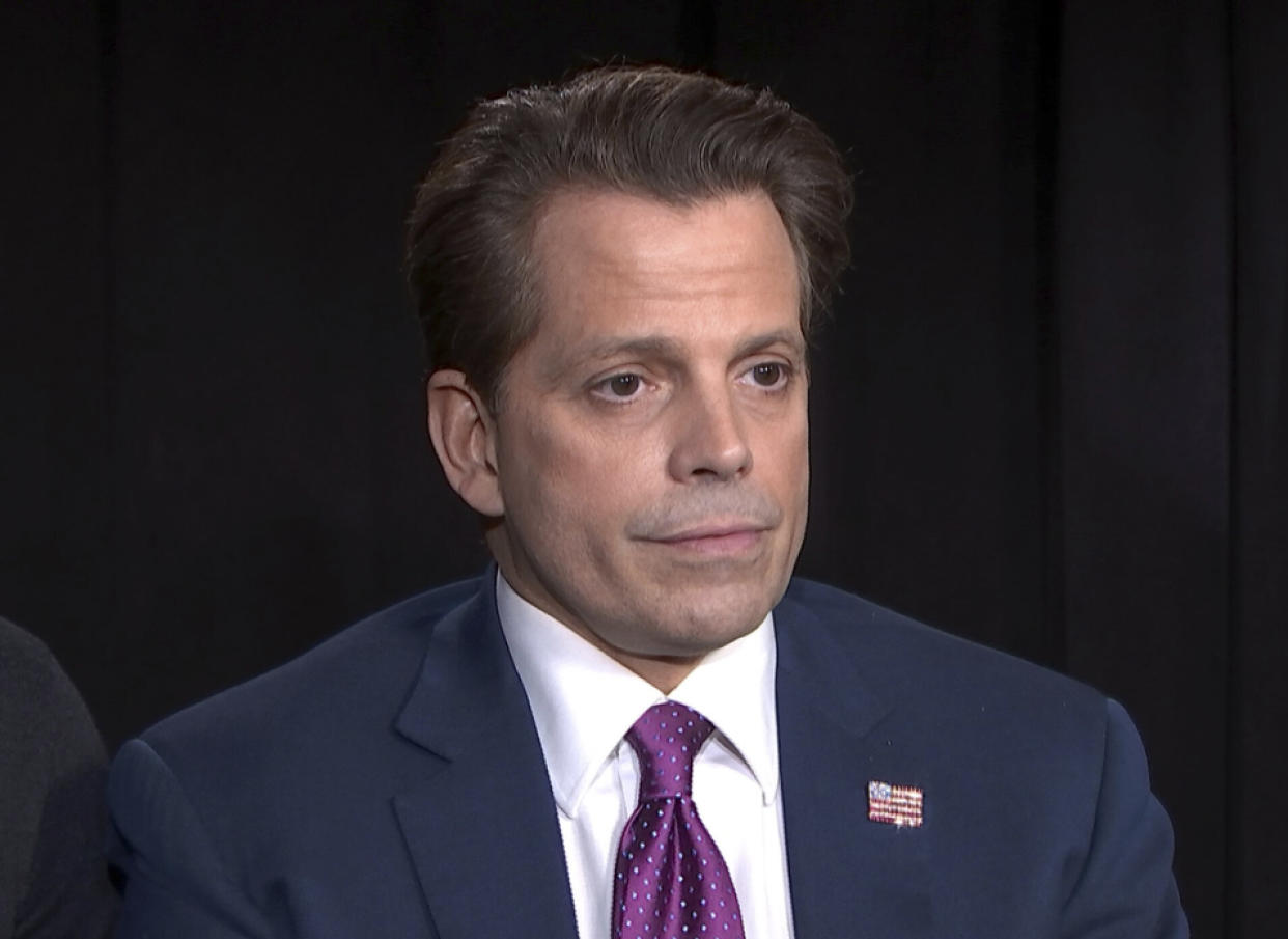 This Oct. 24, 2018 photo taken from video shows former White House communications director Anthony Scaramucci during an interview in New York. Scaramucci said he takes issue with the president's recent comments praising a congressman's violence against a reporter and is speaking out about the hate and divisiveness that he sees coming out of President Donald Trump's rallies. (AP Photo)