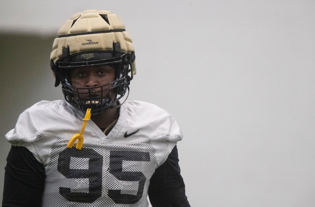 Purdue Boilermakers defensive end Joe Anderson (95) runs a drill during spring football practice, Thursday, March 23, 2023, at Mollenkopf Athletic Center in West Lafayette, Ind. 