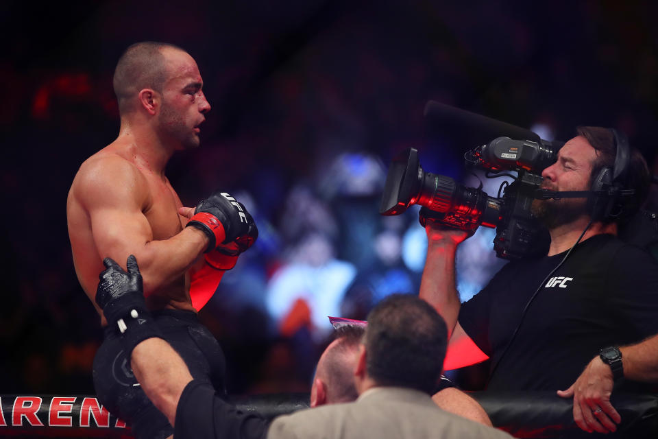 Eddie Alvarez celebrates his third-round TKO Saturday of Justin Gaethje at UFC 218 in Detroit. (Getty Images)