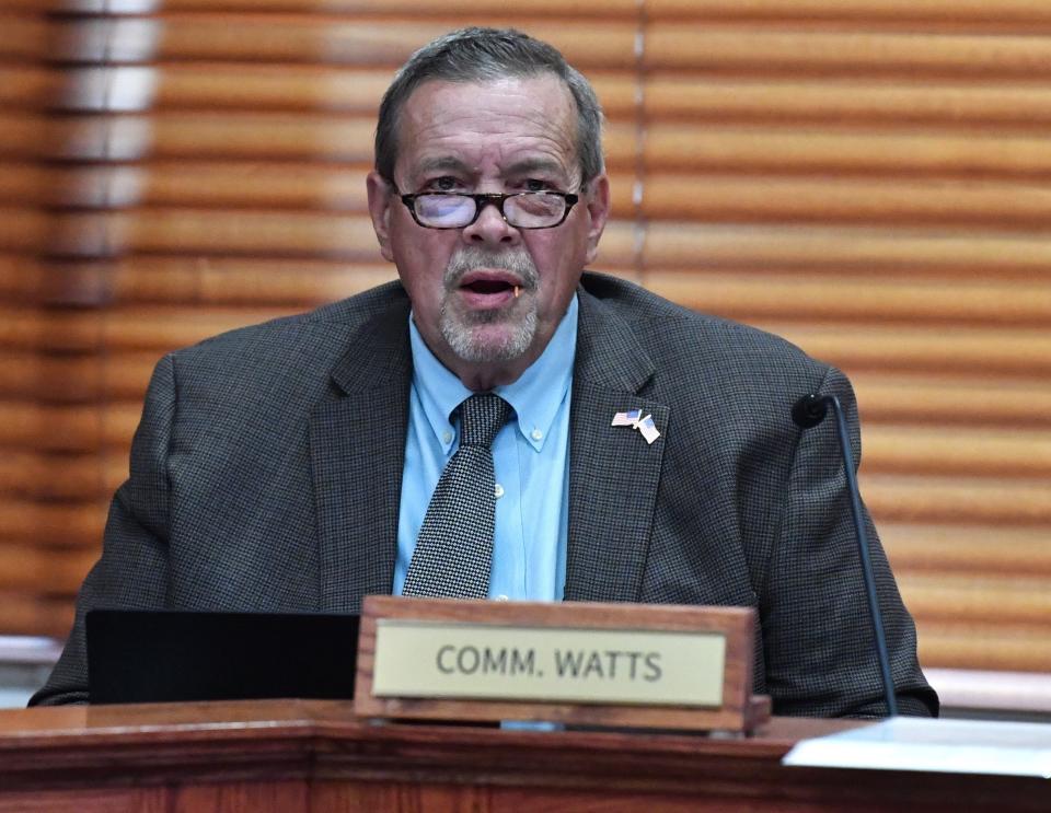 Wichita County Commissioner Jeff Watts spars with County Auditor Cheryll Jones over payment to election workers during a Commissioners Court meeting Tuesday.