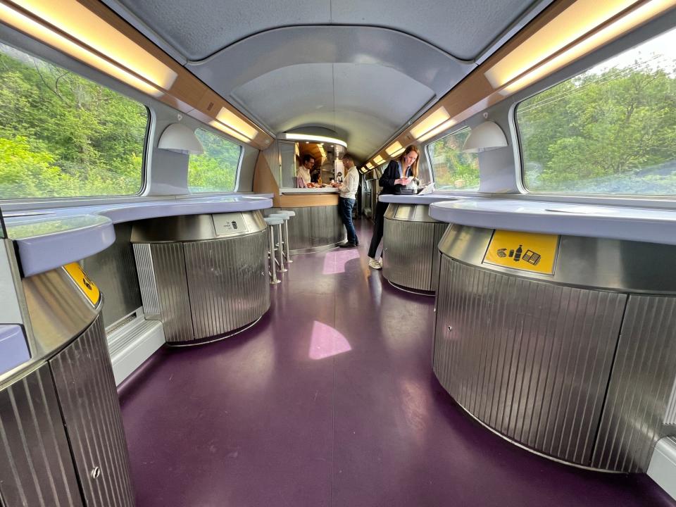 A wide shot of the TGV Lyria café car