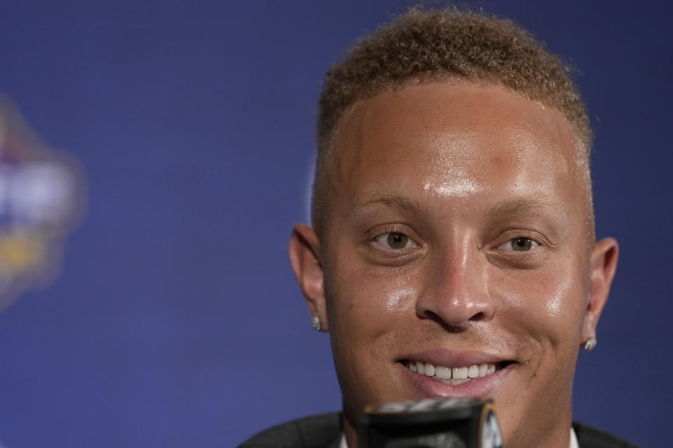 South Carolina quarterback Spencer Rattler responds to questions during NCAA college football Southeastern Conference Media Days, Thursday, July 20, 2023, in Nashville, Tenn. (AP Photo/George Walker IV)