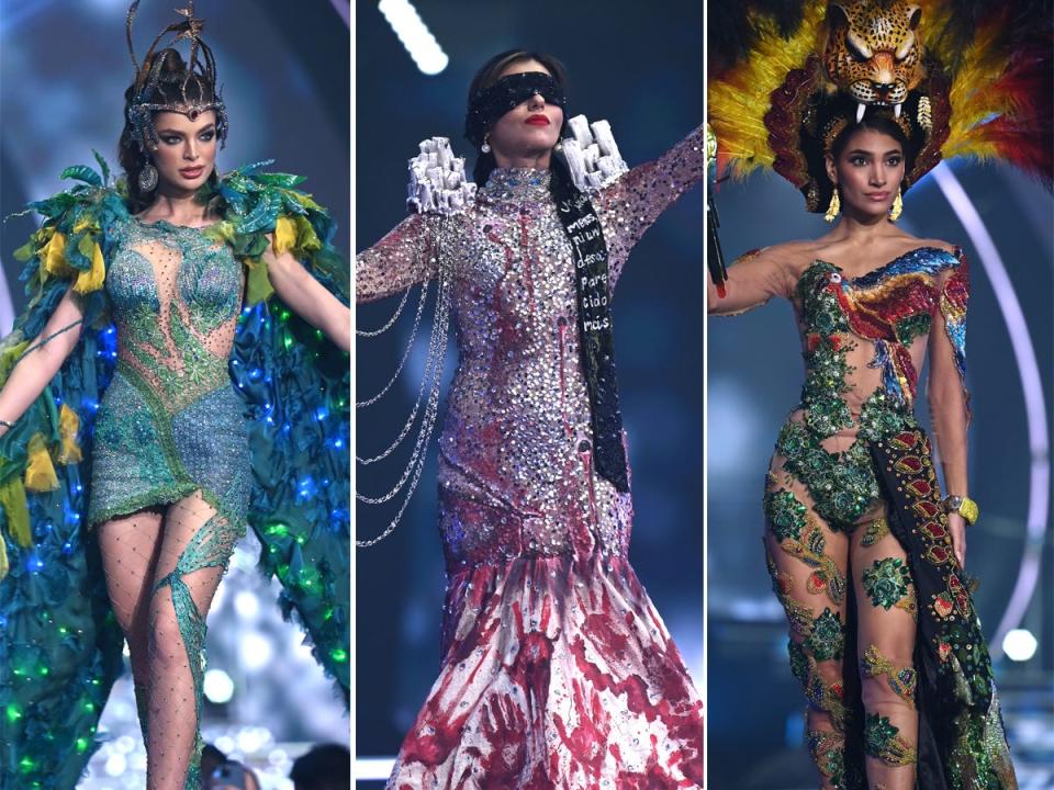 Four photos of Miss Universe contestants in their outfits for the 2021 National Costume Show.