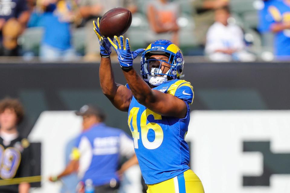 Former Chicago Bears and Los Angeles Rams tight end Jared Pinkney (46) catches a pass during warmups.