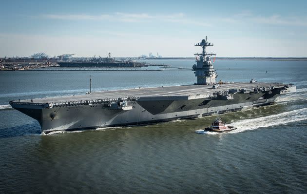 In this handout photo provided by the U.S. Navy, the future USS Gerald R. Ford is seen underway on its own power for the first time in 2017 in Newport News, Virginia. The first new U.S. aircraft carrier design in 40 years will likely end up costing well over $12 billion. (Photo: U.S. Navy via Getty Images)