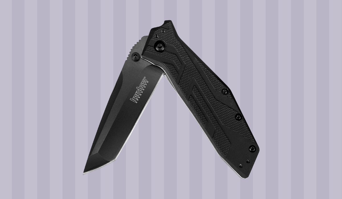 A rugged looking folding black pocket knife with sharp blade