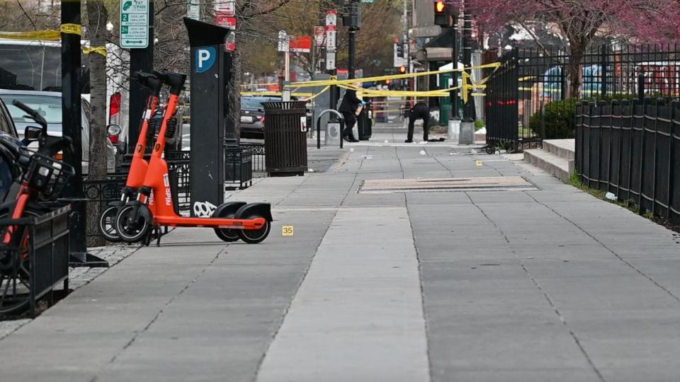 PHOTO: Police in Washington D.C. investigate a shooting on March 17, 2024, that left two people dead and five injured near the Logan Circle neighborhood in the northwest part of the city. (Kyle Mazza/UNF News)