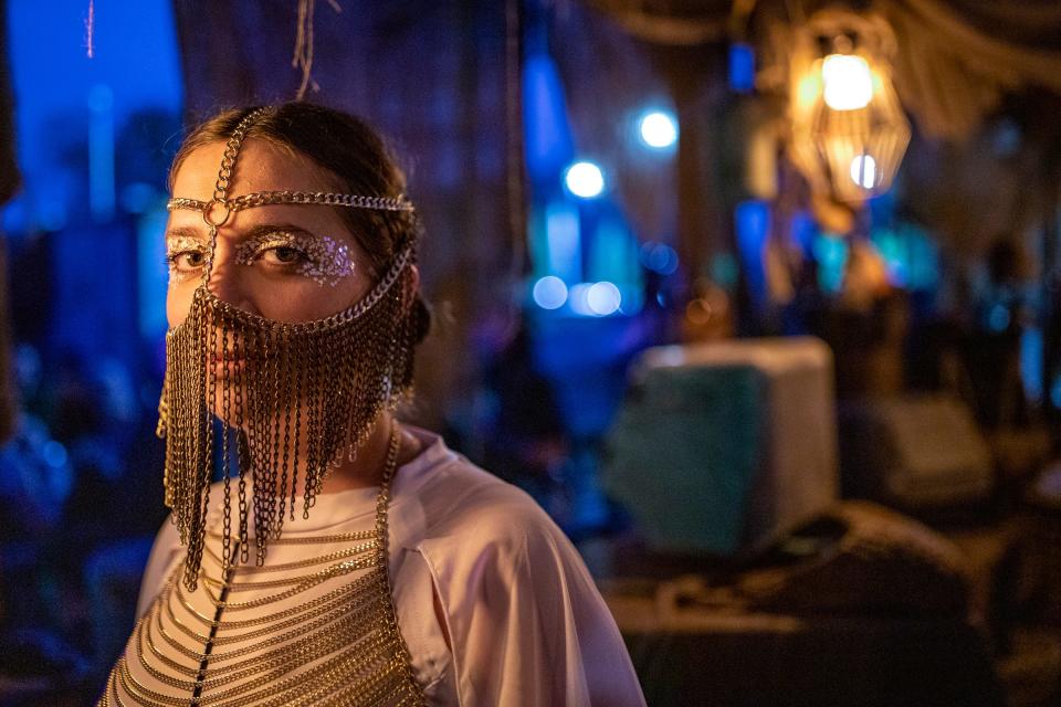 Anna Lewandowski, 32, of Grosse Pointe, attends Space Dive 313, a party set on the planet of Tatooine in the "Star Wars" galaxy six months after the Death Star is destroyed at Tangent Gallery in Detroit on Saturday, May 4, 2024.
